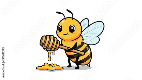 Hardworking honeybee with translucent wings holds a wooden honey dipper over a pool of delicious golden nectar on a white floor.
