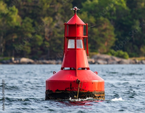 A red buoy floats on water with a forest background