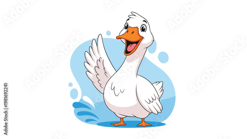 Happy white goose with an orange beak waves its wing enthusiastically while standing amidst blue splashing water in a cheerful scene.