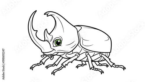 Detailed line art illustration of a powerful rhinoceros beetle features its large horns and segmented body with bright green eyes.