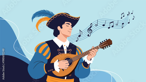 Elegant medieval musician dressed in traditional blue and gold attire plays a wooden lute while musical notes float in the air.