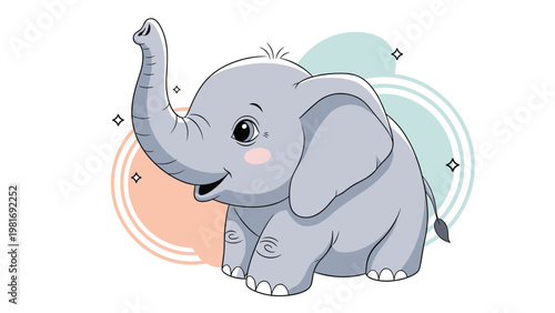 Adorable baby elephant with large ears and rosy cheeks stands playfully against a background of soft pastel shapes and sparkling stars.