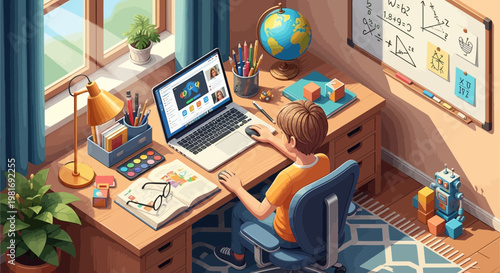 Young boy learning online at desk with laptop, globe, books, and math formulas on board