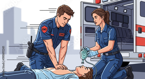 Paramedics Performing CPR and Resuscitation on Patient Next to Ambulance