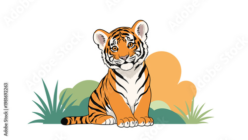Beautiful young tiger cub with detailed orange and black stripes sits calmly on the ground with lush green bushes in the background.