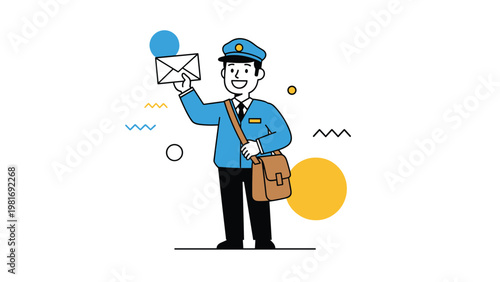 Friendly mailman dressed in a blue uniform and cap carries a brown satchel while holding up a white envelope for delivery.