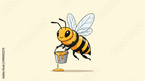 Busy little honeybee flies through the air while carrying a small metal bucket filled with dripping golden honey from the hive.