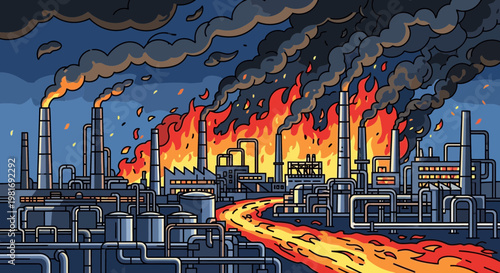 Industrial Factory Fire Disaster: Pollution, Smoke, Flames, and Environmental Damage