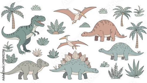 Diverse collection of prehistoric dinosaurs and tropical palm trees are arranged neatly across a clean white background scene.