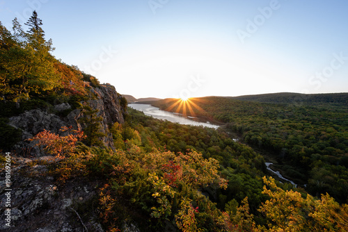 Lake of the Clouds sunrise in Porcupine Mountains with fall color