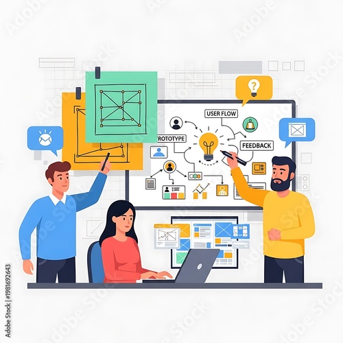Creative team collaborating on a UX UI project with a flowchart.