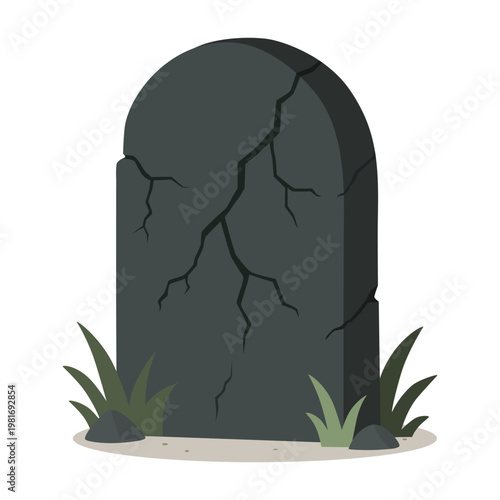 A weathered gray tombstone with cracks rests on rocky soil, framed by grass, evoking themes of memory, loss, and the quiet passage of time.