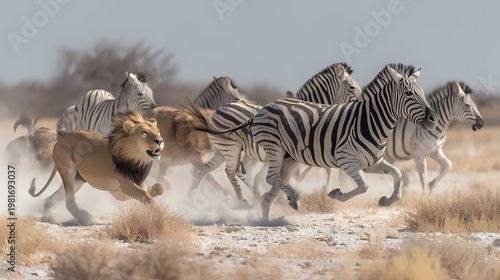 Dramatic Encounter Between Lion and Zebra in Open Savannah Landscape