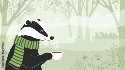 Sophisticated badger wearing a green striped scarf enjoys a warm cup of coffee while standing in a stylized misty forest.