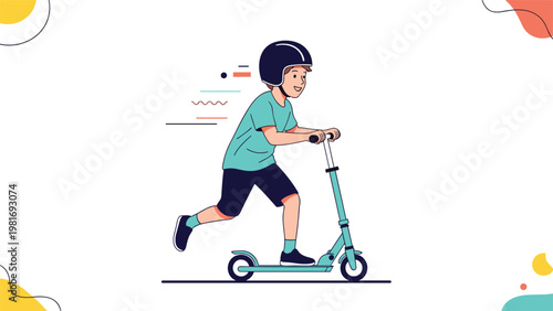 Active boy wearing a safety helmet and shorts rides his teal kick scooter with great speed and concentration on a sunny day.