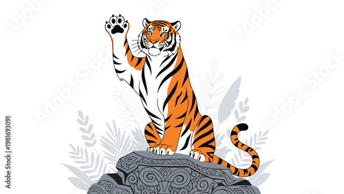 Noble adult tiger sits on an ornate stone pedestal and raises its paw in a royal greeting against a background of tropical leaves.