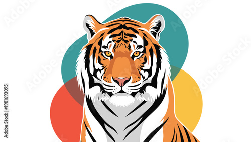 Powerful portrait of a tiger's head is set against a background of overlapping colorful abstract circles in a modern art style.