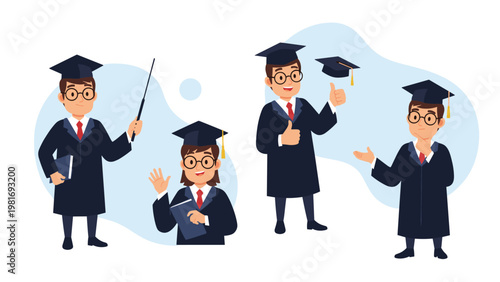 Diverse group of university students in graduation gowns and caps celebrate their academic success with smiles and friendly gestures.