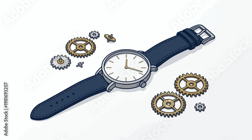 Watch with gears and leather strap.