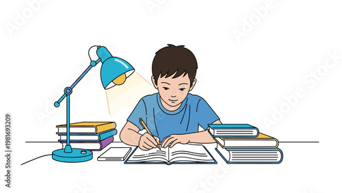 Young student sits at his desk studying hard at night with the help of a bright blue desk lamp and several colorful textbooks.