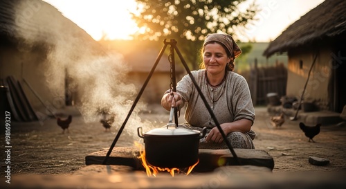 woman cooking over open flame in rural village