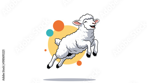 Fluffy white sheep jumps happily through the air in front of a colorful abstract background with orange and teal blue circles.