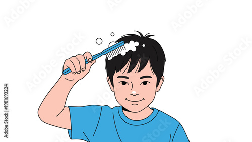 Young boy takes care of his hygiene by combing his dark hair with a blue comb while soapy bubbles float in the air around him.