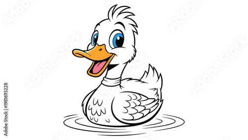 Happy cartoon duck with white feathers and a bright orange beak floats peacefully on calm water creating gentle ripple patterns.