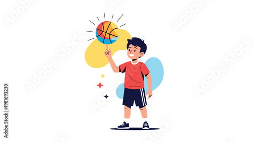 Talented young boy wears a red sports jersey and skillfully spins a colorful basketball on his finger with a confident bright smile.