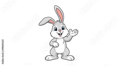 Friendly grey rabbit with long ears and big blue eyes waves happily against a clean and simple white background in illustration.
