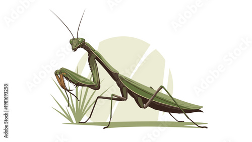 Detailed green praying mantis insect stands on green grass with its long antennae and specialized front legs in a natural setting.