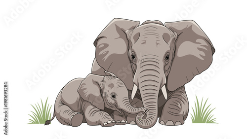 Majestic mother elephant and her baby calf sit peacefully in the grass showing a strong bond of maternal love and protection.
