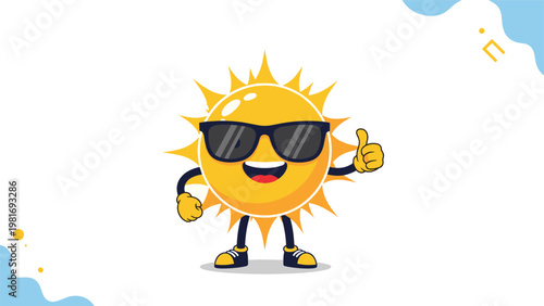 Bright yellow sun character wearing cool black sunglasses gives a cheerful thumbs up to celebrate sunny and warm summer weather.