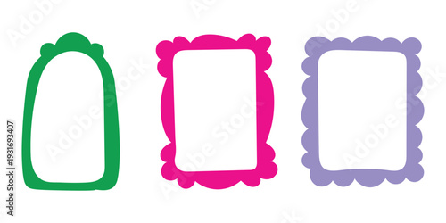 Three colourful cartoon style decorative frames perfect for scrap booking photo borders and creative design elements on white background
