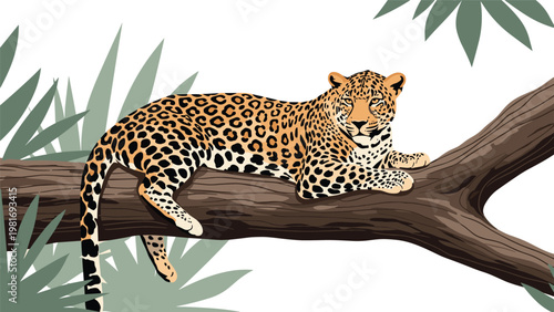 Majestic leopard with spotted fur resting peacefully on a large tree branch surrounded by lush tropical green jungle leaves.