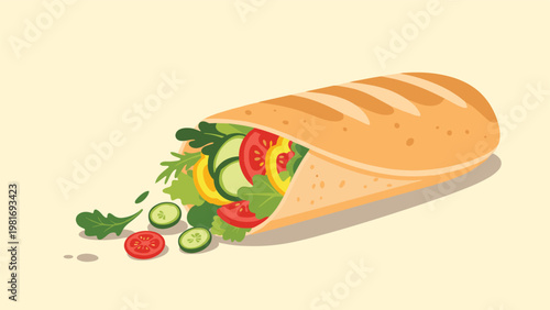 Healthy vegetable wrap filled with fresh lettuce tomatoes cucumbers and yellow peppers rolled in a soft grilled tortilla bread.