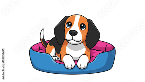 Adorable beagle puppy with large expressive eyes sitting comfortably inside a colorful pink and blue round pet bed for dogs.