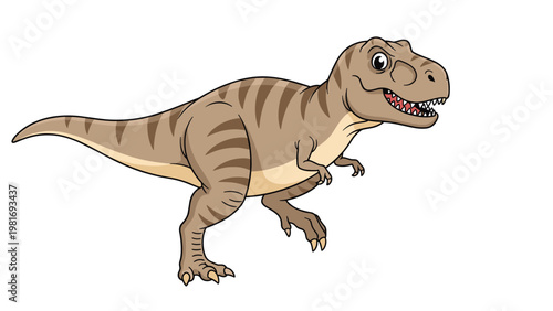 Fearsome cartoon Tyrannosaurus Rex dinosaur walking forward with a determined expression and showing its sharp white teeth.