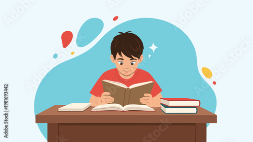 Young boy sitting at a wooden desk focused on reading a book with a stack of other books nearby against a blue background.