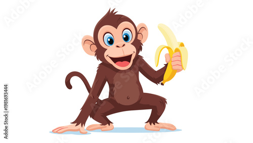 Cheerful brown monkey with blue eyes holding a peeled yellow banana and smiling happily against a clean white background.
