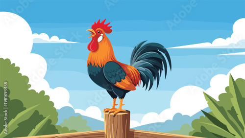 Colorful rooster standing on a wooden fence post crowing at sunrise with a blue sky and white clouds in the background.