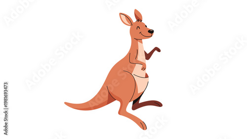 Happy brown kangaroo mother with a cute baby joey peeking out from her pouch standing on a plain white background.
