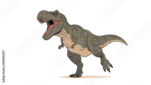 Powerful Tyrannosaurus Rex dinosaur standing with its mouth wide open in a loud roar showing sharp teeth and a pink tongue.