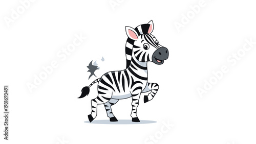 Adorable cartoon zebra with black and white stripes standing playfully with one front leg lifted on a white background.