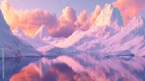 Snow-covered peaks reflect in tranquil waters, bathed in warm pink and orange sunset hues with fluffy clouds