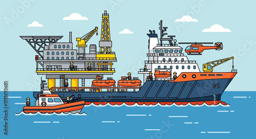 Offshore Oil Rig and Support Vessel with Helicopter and Rescue Boat