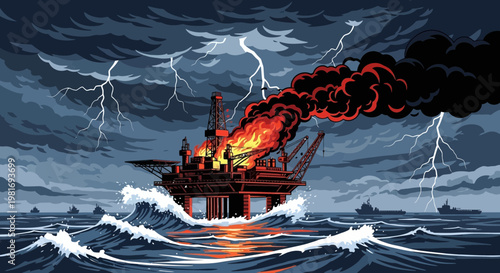 Burning oil rig in stormy sea with lightning, disaster, industrial accident, offshore platform