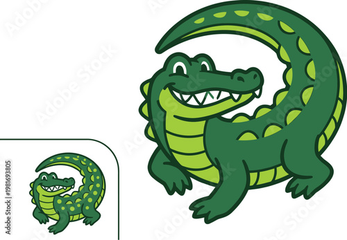 Alligator with a curved tail smiles broadly in this stylized digital illustration designed as a mascot character.