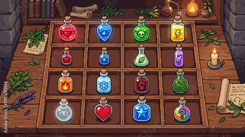 Magical Potions on Wooden Shelf with Herbs and Books