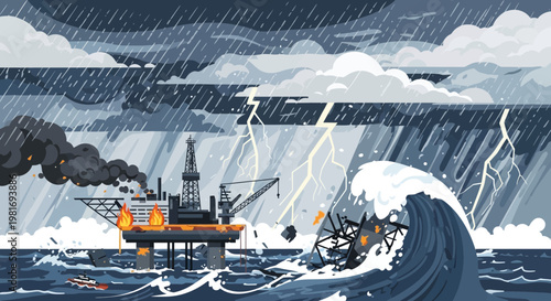 Offshore oil rig disaster: storm, waves, fire, lightning, and sinking equipment